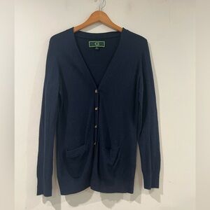C WONDER navy blue gold button-down sweater  V-neck alpaca wool viscose blend L
